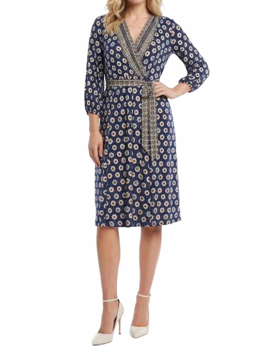 NEW SANDRA DARREN bohemian floral border print faux wrap midi dress in navy mult